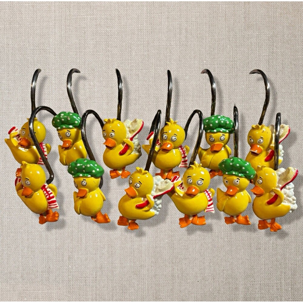 Yellow Rubber Ducky Shower Curtain Hooks Set 12 Resin Duck Kitsch Bath Decor Y2K